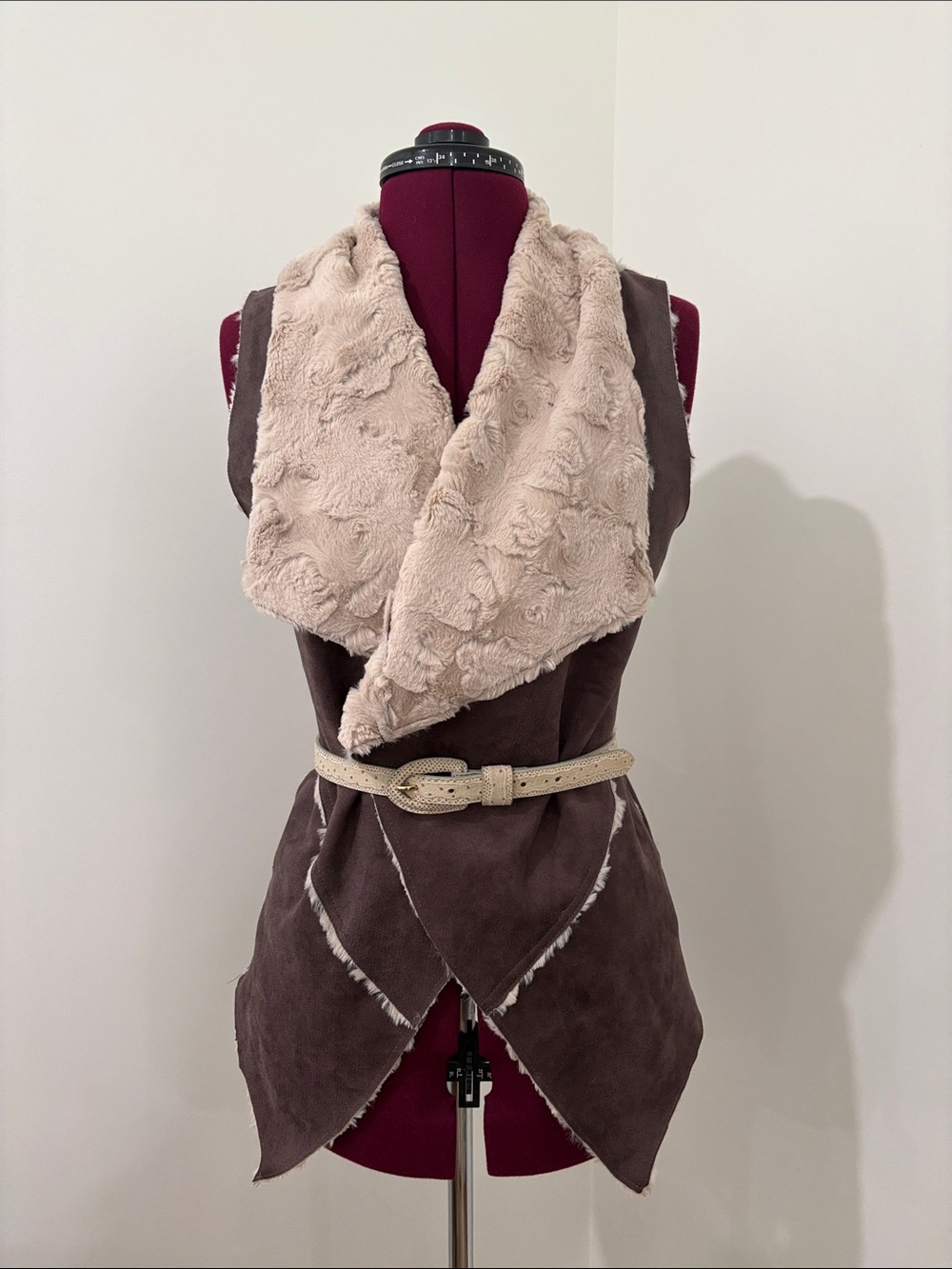 Altar'd State Beige Faux Fur Collar Vest with Brown Suede Body